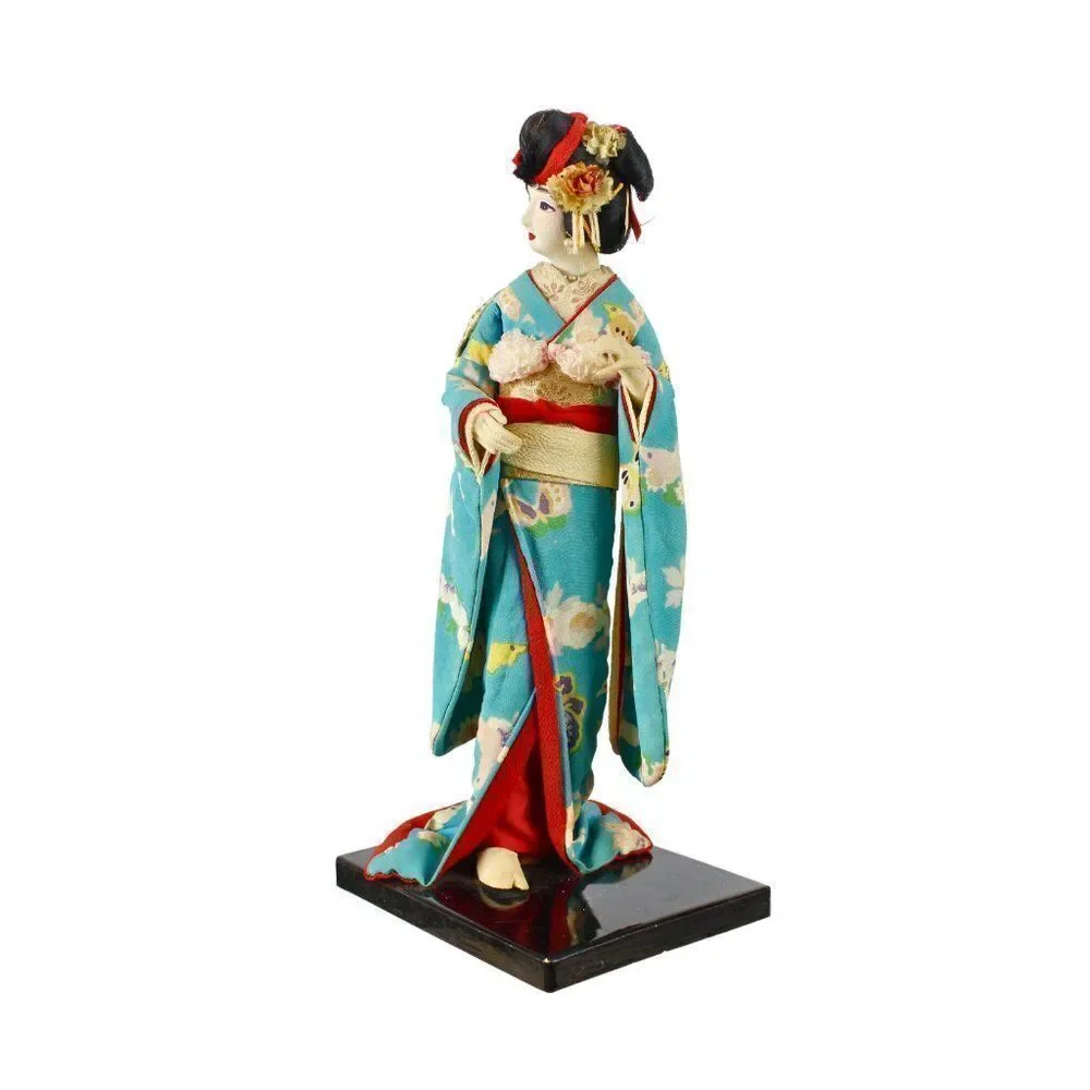 Vintage Japanese Geisha Doll Figurine in Traditional Turquoise Silk Crepe Kimono